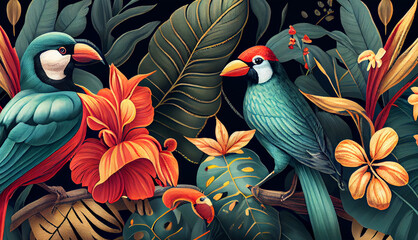 A beautiful bird colorful with seasonal spring theme. Vintage and classic retro bird illustration background for wallpaper. Generative Ai.