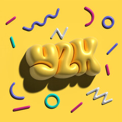 Fototapete - Raster 3d modeling clay word - Y2K. Realistic 3d render lettering on yellow background with metallic confetti. Creative colorful design for banner and cover. Volume bubble style.