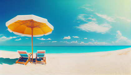  Vibrant Beach Panorama: White Sand, Chairs, Umbrella & Scenic Travel Tourism Background (Generative AI)