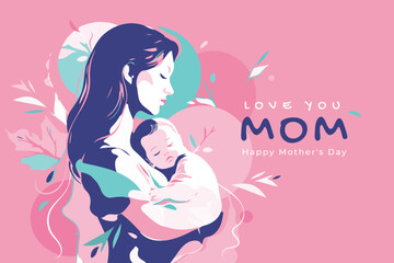 Tender card with a woman with a baby in her arms. Postcard for Mother's Day. Postpartum happy period. The concept of motherhood and health. Vibrant contrasting colors	