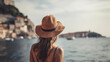© MxCaptures - Back View of Unrecognizable Stunning Woman Model in Elegant Beach Hat on Sunny Day front of blue sea - Generative Ai