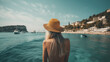 © MxCaptures - Back View of Unrecognizable Woman in Swimwear Admiring Blue Sea on Sunny Day - Generative Ai