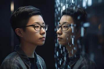 Poster - Person looking at a digital Artificial intelligence version of themselves. Deep fake. Generative ai Generative AI