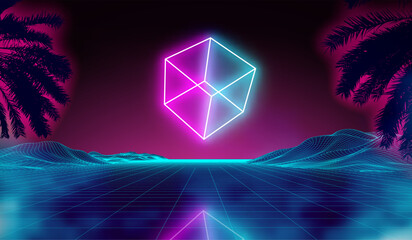 Poster - Neon 3d cube on retro background landscape. Glowing cube cosmos poster. Neon light box cube light. Future purple 80s sci-fi poster.