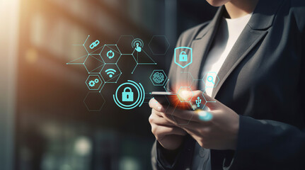 Touch id. FIngerprint recognition. Cybersecurity privacy of data protection, businessman using laptop Secure encryption technology, security encryption of user private data, business confidentiality