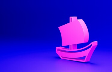 Poster - Pink Egyptian ship icon isolated on blue background. Egyptian papyrus boat. Minimalism concept. 3D render illustration