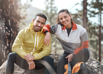 Sticker - Our friendship formed over hiking. Cropped portrait of two young athletes sitting together after a morning run through the woods.