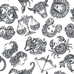 vector seamless pattern with black and white hand drawn zodiac signs illustrations