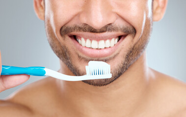 Poster - Remember to use a soft bristle brush. a man holding his toothbrush while standing against a grey background.