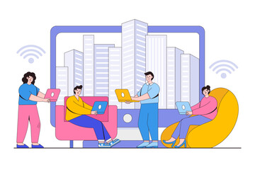 Poster - Home office concept. Group of people working at home and looking at computer or laptop screen. Outline design style minimal vector illustration for landing page, web banner, infographics, hero images