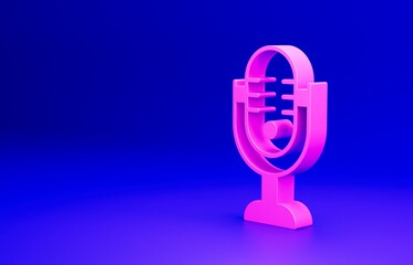 Sticker - Pink Microphone icon isolated on blue background. On air radio mic microphone. Speaker sign. Minimalism concept. 3D render illustration