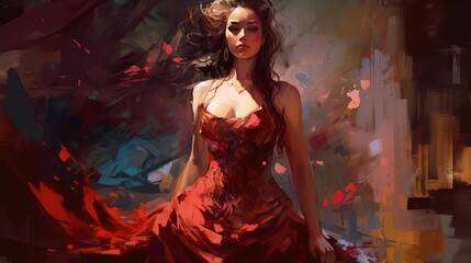 Wall Mural - Young Attractive Amazing Woman in Red Face Portrait Digital Colorful Illustration Artwork