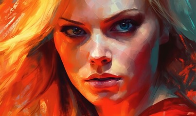 Wall Mural - Young Attractive Amazing Woman in Red Face Portrait Digital Colorful Illustration Artwork