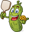Pickleball cartoon pickle mascot holding a paddle and yellow ball with a big smile on his face