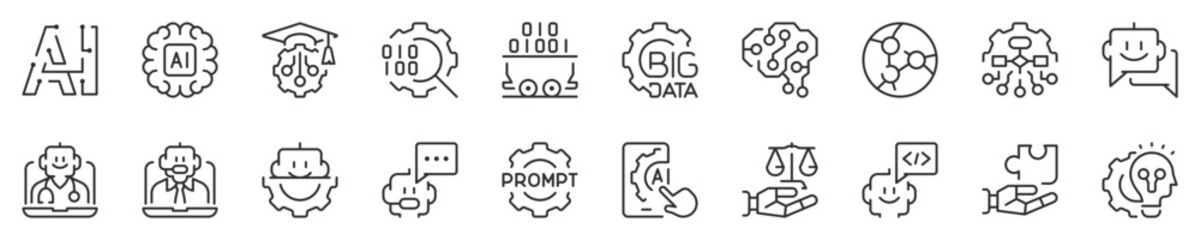 Line icons about artificial intelligence, thin line icon set. Symbol collection in transparent background. Editable vector stroke. 512x512 Pixel Perfect.