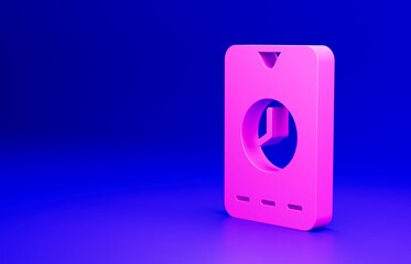 Wall Mural - Pink Alarm clock app smartphone interface icon isolated on blue background. Minimalism concept. 3D render illustration