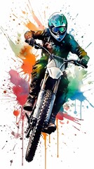 watercolor extreme stunt master biker in action isolated on white. Ai generative