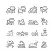Vector line set of icons related with car accident. Contains monochrome icons like car, collision, crash, truck, accident and more. Simple outline sign.