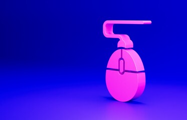 Poster - Pink Computer mouse gaming icon isolated on blue background. Optical with wheel symbol. Minimalism concept. 3D render illustration
