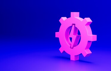 Poster - Pink Gear and lightning icon isolated on blue background. Electric power. Lightning bolt sign. Minimalism concept. 3D render illustration