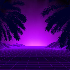 Wall Mural - 3d sunset on the beach. retro palms vector sci fi background. digital landscape cyber surface. 80s p