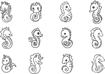 set of Seahorse line art vector black and white