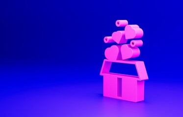 Poster - Pink Gift box with hearts icon isolated on blue background. Valentines day. Minimalism concept. 3D render illustration