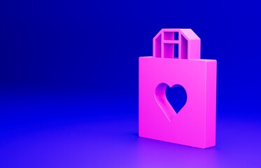 Sticker - Pink Shopping bag with heart icon isolated on blue background. Shopping bag shop love like heart icon. Happy Valentines day. Minimalism concept. 3D render illustration