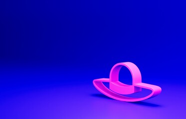 Wall Mural - Pink Elegant women hat icon isolated on blue background. Minimalism concept. 3D render illustration