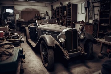 Vintage car in the workshop. Generative AI