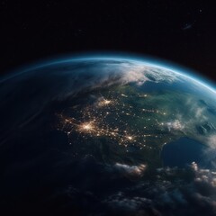 Wall Mural - Planet Earth cutvature. Aerial view of blue planet from space. Sunrise over city lights. Generative AI