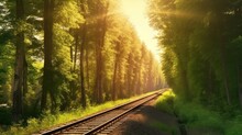 Summer Sunrise Along Railroad Tracks In Forest - Train Travel Concept Landscape Background
