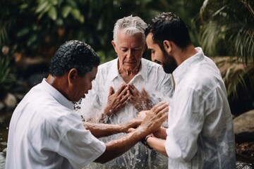 Two pastors baptize a man in the name of Christ. Baptism religion concept. Generative Ai..