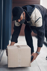 Aufkleber - Delivered to your door at a safe distance. a masked young man delivering a package to a place of residence.