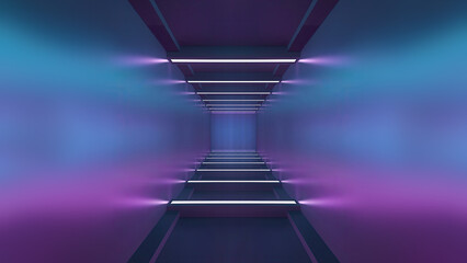 Night club interior neon lights. 3d render for laser show. Fluorescent vivid colors background. Neon corridor background. Light abstract futuristic design. Led lights backdrop.