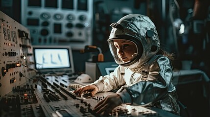 Wall Mural - The Sky's the Limit: Child in Astronaut Costume Imagining a Universe of Possibilities by Generative AI