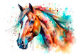 Horse head on watercolour background, drawn watercolour illustration. Generative AI.