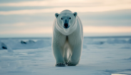 Wall Mural - Cute arctic mammal looking at camera on ice generated by AI