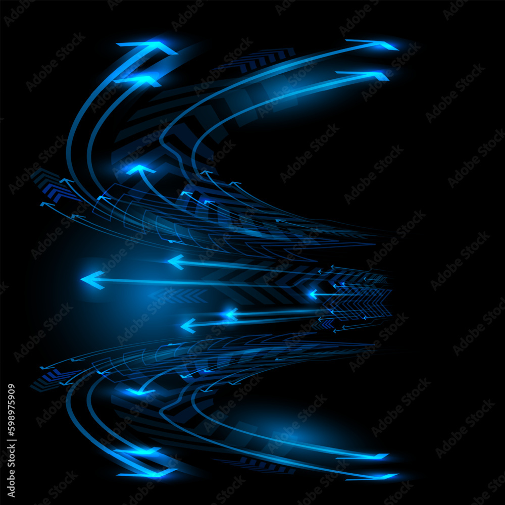 Abstract blue arrow speed curve technology direction dynamic on black ...