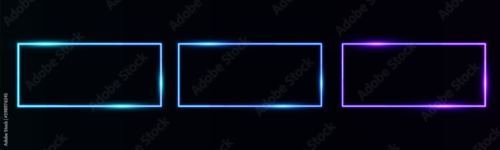 Realistic neon rectangle frame set with glow effect isolated on dark ...