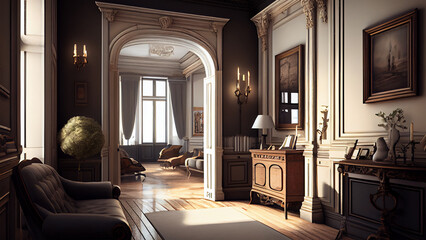 modern, luxury and elegant living room apartment interior with light from big windows on the backgro
