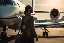 Top Executive Boarding Her Private Jet At The Airport. Composite With Different Elements Made With Generative AI