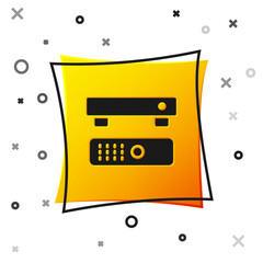 Poster - Black Multimedia and TV box receiver and player with remote controller icon isolated on white background. Yellow square button. Vector
