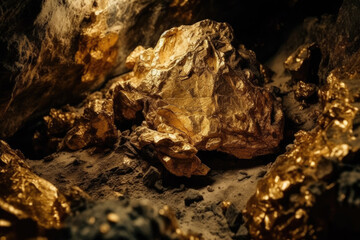 Ore lode inside a gold underground mine. Composite with different elements made with generative AI
