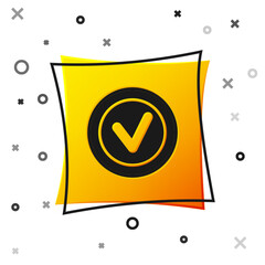 Poster - Black Check mark in round icon isolated on white background. Check list button sign. Yellow square button. Vector