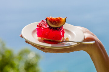 A piece of cake with jelly and a piece of figs on a white dish.