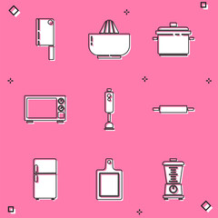 Poster - Set Meat chopper, Citrus fruit juicer, Cooking pot, Microwave oven, Blender, Rolling pin, Refrigerator and Cutting board icon. Vector