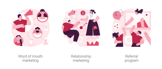 Poster - Customer oriented marketing strategy abstract concept vector illustration set. Word of mouth, relationship marketing, referral program, recommendation, brand loyalty, social media abstract metaphor.