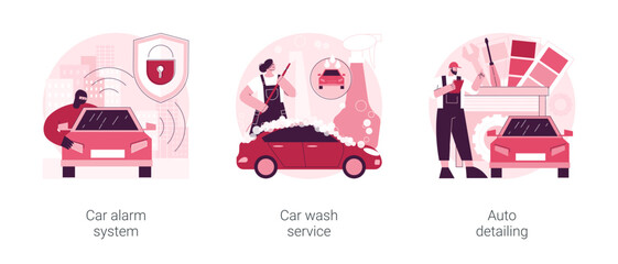 Poster - Automobile care service abstract concept vector illustration set. Car alarm system, car wash service, auto detailing, anti-theft, automatic wash, full service, vehicle detailing abstract metaphor.