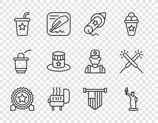 Sticker - Set line Medal with star, Statue of Liberty, Firework, Barbecue grill, Paper glass straw, Patriotic American top hat, flag and Sparkler firework icon. Vector